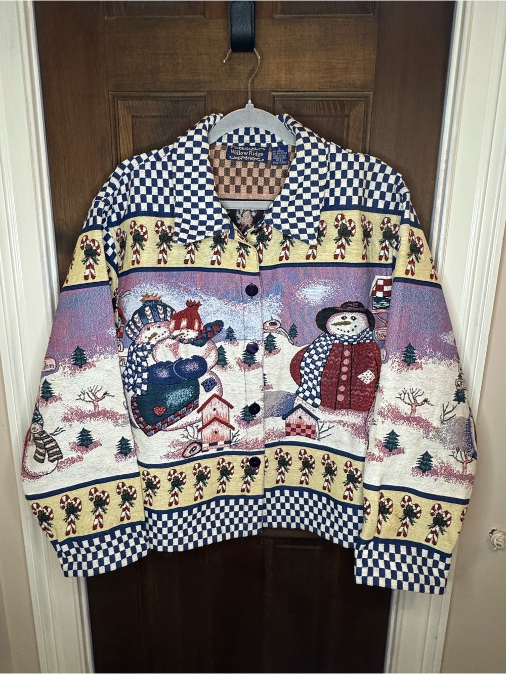 VTG Willow Ridge Snowman Christmas Tapestry Jacket Large Checkered